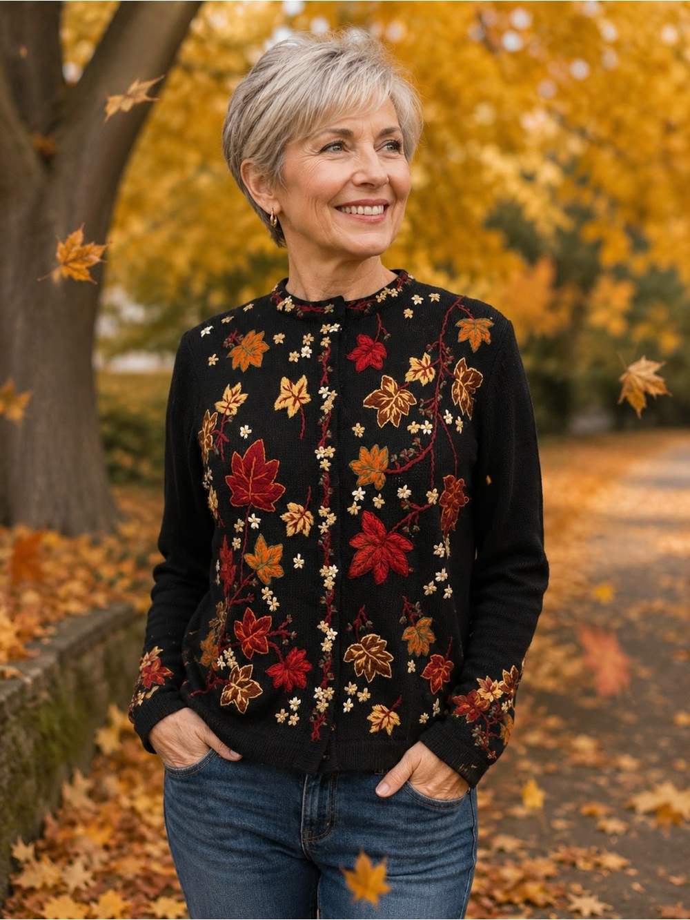 All Points Woman’s Fall Cardigan Sweater Falling Leaves Black Size L